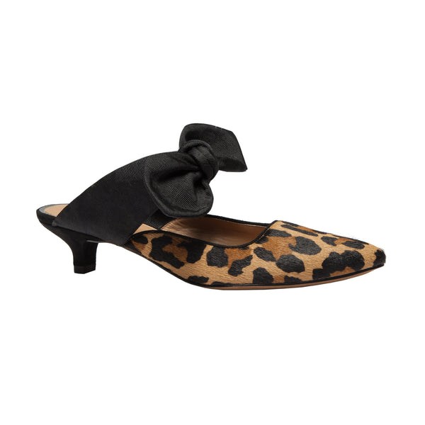 Linea Paolo CRISSY II | Kitten Heel Bow Mules Cognac/Black Leopard Hair Calf/Pebbled Leather