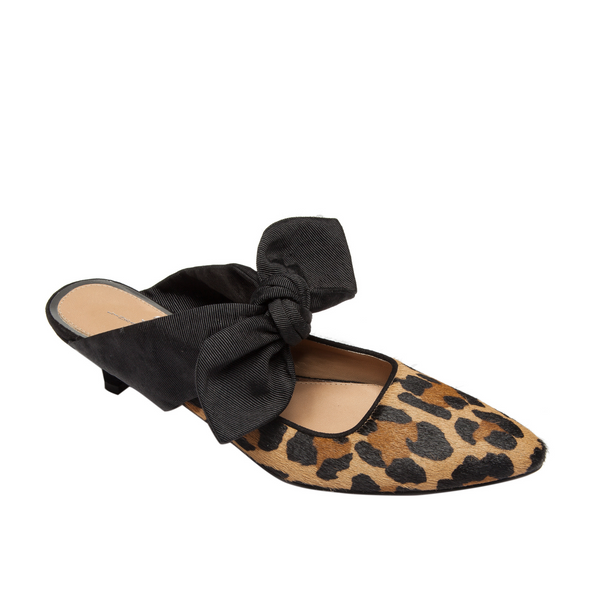 linea paolo CRISSY II | Kitten Heel Bow Mules Cognac/Black Leopard Hair Calf/Pebbled Leather