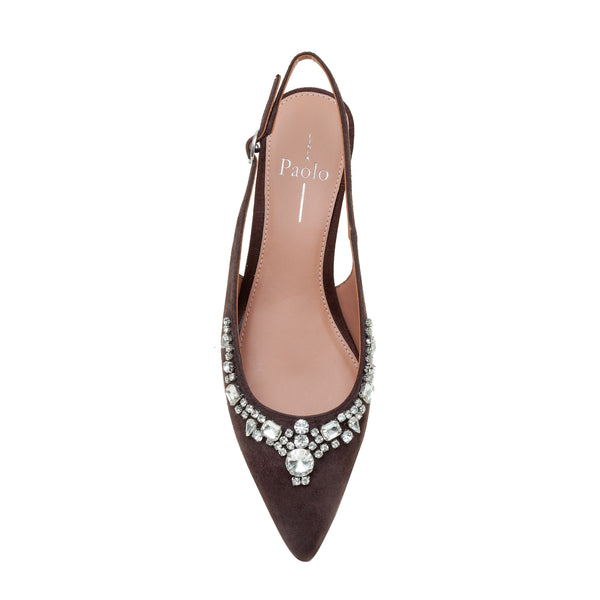 Linea Paolo CRYSTAL | Bejeweled Kitten Heel Slingback Pump Chocolate Suede