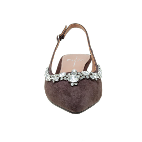 Linea Paolo CRYSTAL | Bejeweled Kitten Heel Slingback Pump Chocolate Suede