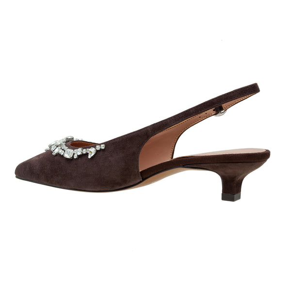 Linea Paolo CRYSTAL | Bejeweled Kitten Heel Slingback Pump Chocolate Suede