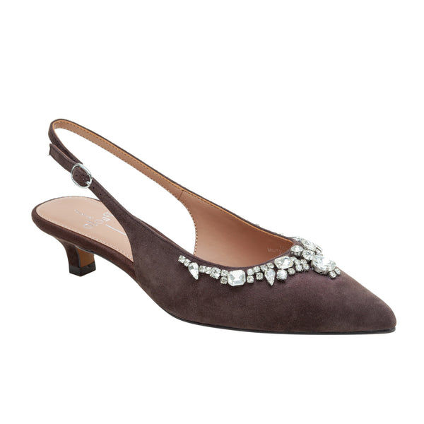 linea paolo CRYSTAL | Bejeweled Kitten Heel Slingback Pump Chocolate Suede linea paolo CRYSTAL | Bejeweled Kitten Heel Slingback Pump Chocolate Suede