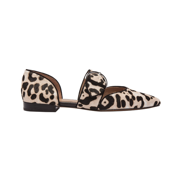 Linea Paolo DEAN LEATHER | Two Piece Buckle Flats White/Black Leopard Hair Calf