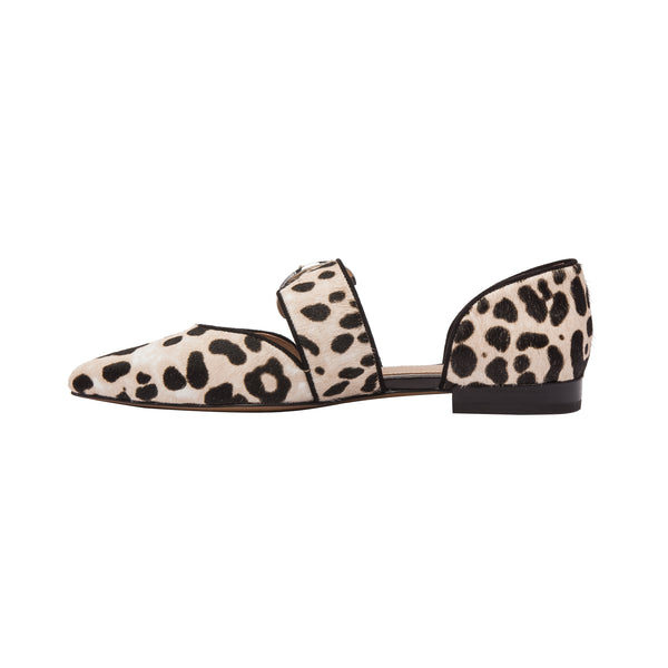 Linea Paolo DEAN LEATHER | Two Piece Buckle Flats White/Black Leopard Hair Calf