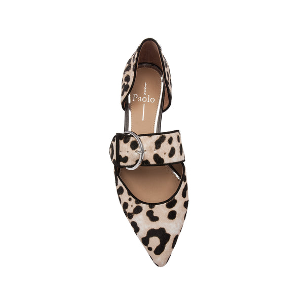 Linea Paolo DEAN LEATHER | Two Piece Buckle Flats White/Black Leopard Hair Calf