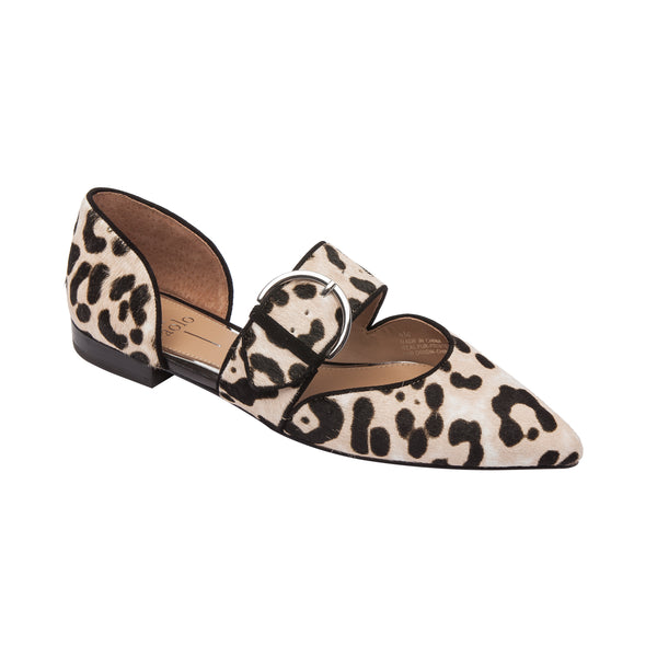 linea paolo DEAN LEATHER | Two Piece Buckle Flats White/Black Leopard Hair Calf