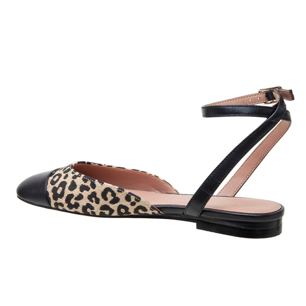 Linea Paolo DELANEY | Captoe Ankle Strap Ballet Flat Tan Leopard/Black Woven/Nappa
