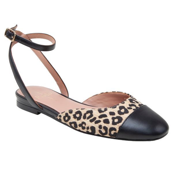linea paolo DELANEY | Captoe Ankle Strap Ballet Flat Tan Leopard/Black Woven/Nappa