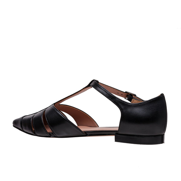 Linea Paolo DESSIE | T-Strap Fisherman Flats Black Nappa