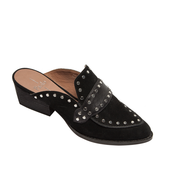 linea paolo DONNA | Studded Loafer Mules Black Suede/Burnished Leather