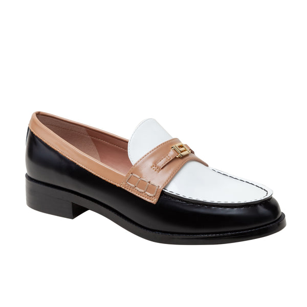 linea paolo ENDY | Tailored Apron Toe Loafer Black//Ivory/Toffee Box/Crinkle Patent