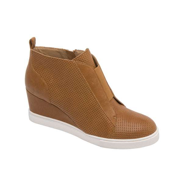 linea paolo FELICIA LEATHER | Our Original Platform Wedge Sneaker Bootie Brown Perforated Oiled Leather