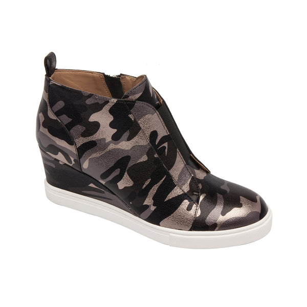 linea paolo FELICIA SEASONAL | Our Original Platform Wedge Sneaker Bootie Black/Navy/Platino Camo Leather