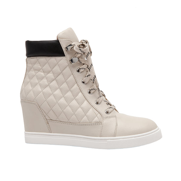 Linea Paolo FIJI | Quilted Lace-Up Wedge Sneakers Cream/Black Pebbled Leather/Nappa