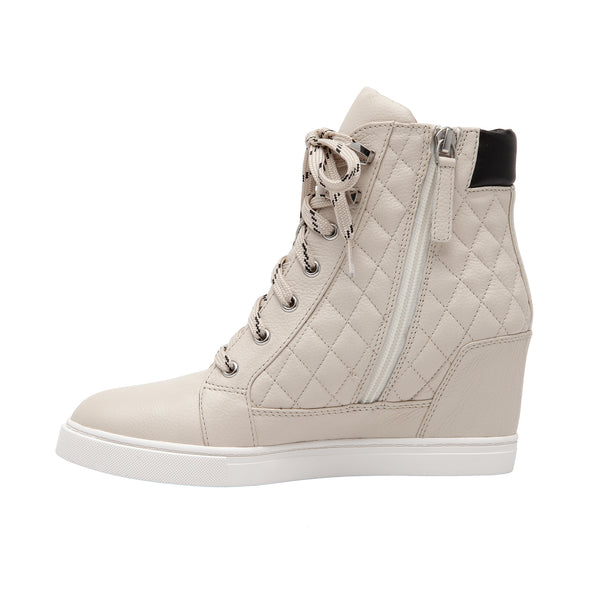 Linea Paolo FIJI | Quilted Lace-Up Wedge Sneakers Cream/Black Pebbled Leather/Nappa