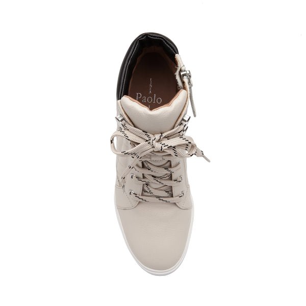 Linea Paolo FIJI | Quilted Lace-Up Wedge Sneakers Cream/Black Pebbled Leather/Nappa