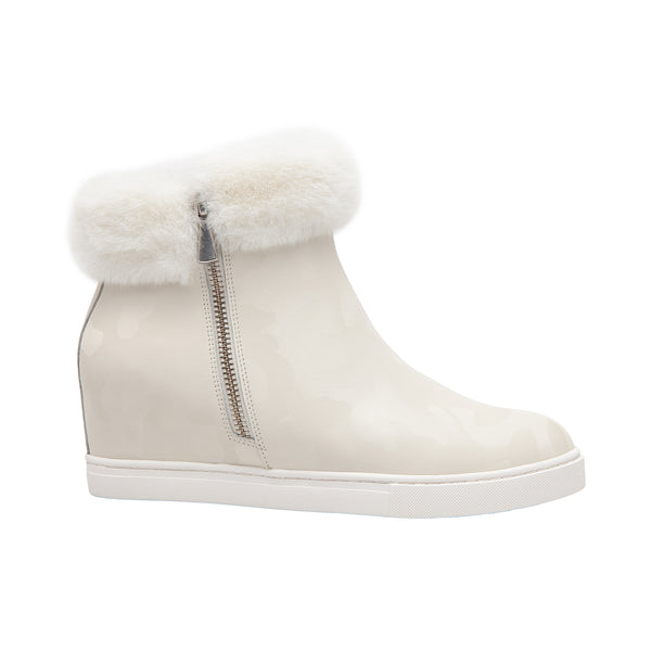 Linea Paolo FLOSSIE | Faux Fur Cuff Wedge Booties Black Camo Print Leather/Faux Fur