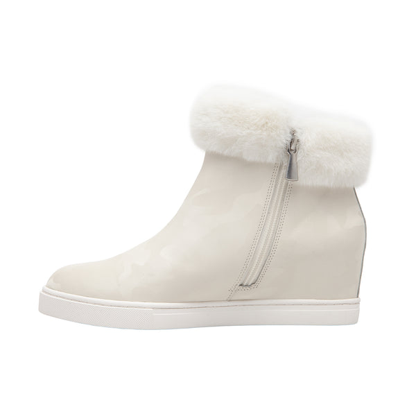 Linea Paolo FLOSSIE | Faux Fur Cuff Wedge Booties Black Camo Print Leather/Faux Fur