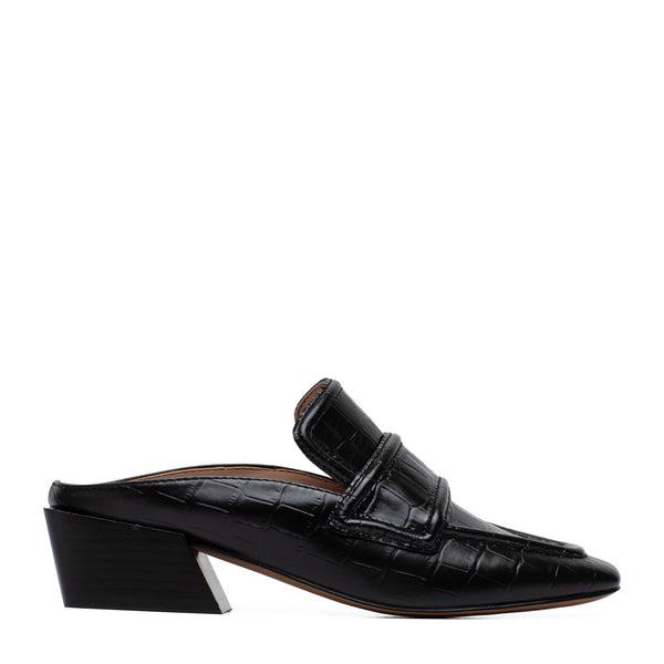 Linea Paolo GLOW II | Cuban Heel Mules Black Croco Print Leather