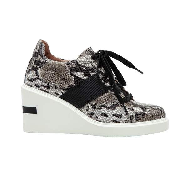 Linea Paolo KANDIS II | Lace-Up High Wedge Sneakers White/Black/Taupe Phyton Print Leather