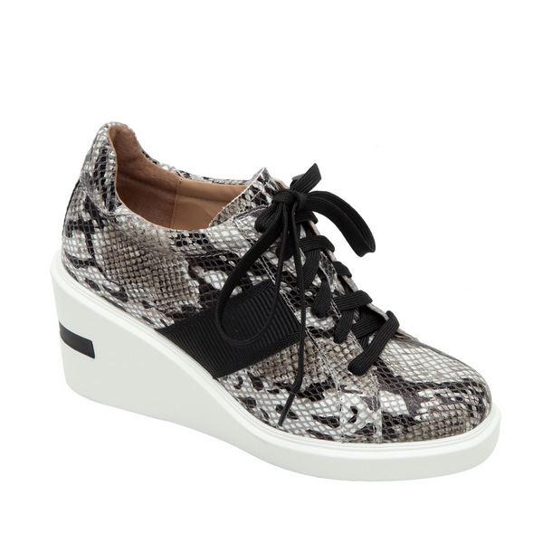 linea paolo KANDIS II | Lace-Up High Wedge Sneakers White/Black/Taupe Phyton Print Leather