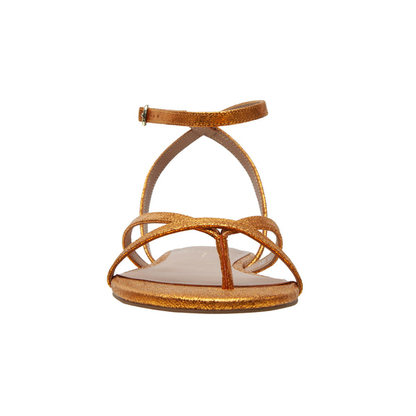 Linea Paolo LUZ | Strappy Ankle Wrap Flat Leather Sandals Orange Crinkle Metallic Leather