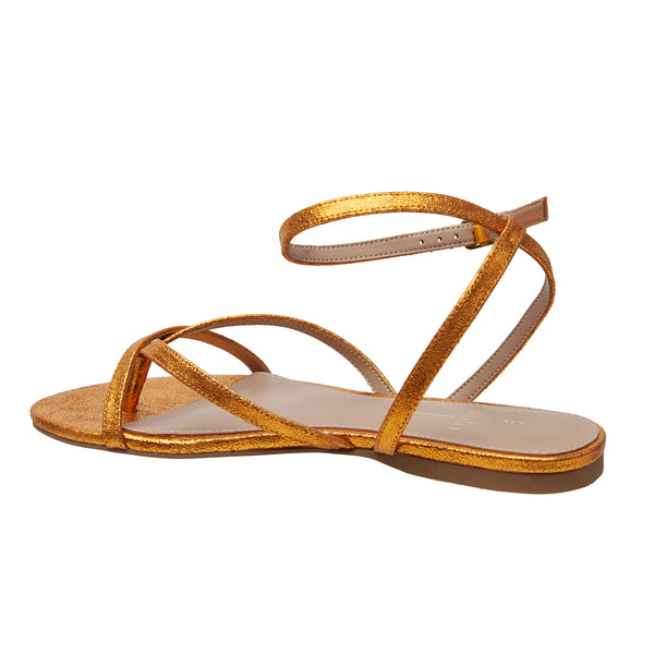 Linea Paolo LUZ | Strappy Ankle Wrap Flat Leather Sandals Orange Crinkle Metallic Leather