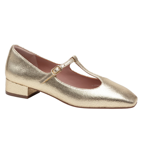 linea paolo MARCEL | Mary Jane T-Strap Pumps Gold Crinkle Metallic Leather