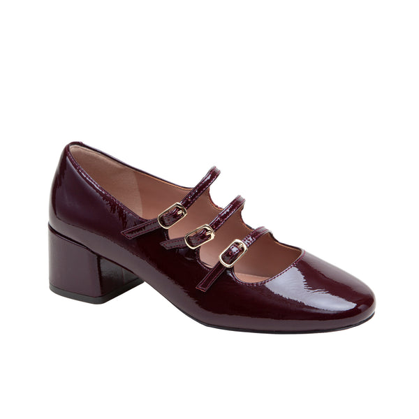 linea paolo MARIANA | Tripple Strap Mary Jane Pumps Dark Burgundy Crinkled Patent
