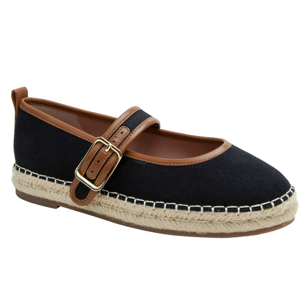 linea paolo MARJORIE | Mary Jane Espadrille Flats Black/Cognac Canvas/Nappa