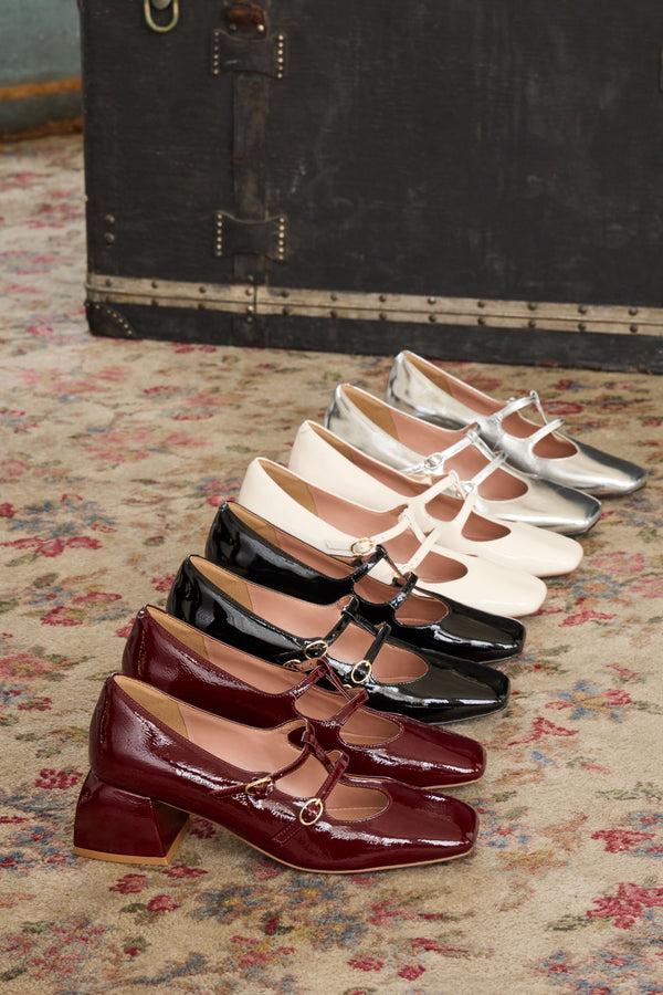 Linea Paolo MAURICE | Double Mary Jane Strap Pumps Burgundy Wrinkle Patent