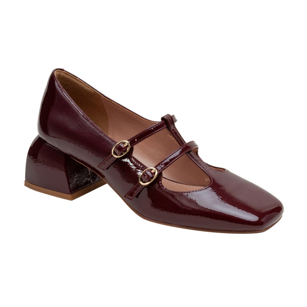 linea paolo MAURICE | Double Mary Jane Strap Pumps Burgundy Wrinkle Patent