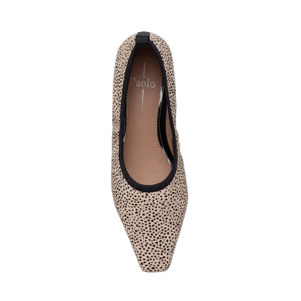 Linea Paolo MEGHAN II | Svelte Square Toe Hidden Sliver Wedge Ballet Flats Slip-Ons Beige/Black Dot Print Hair Calf