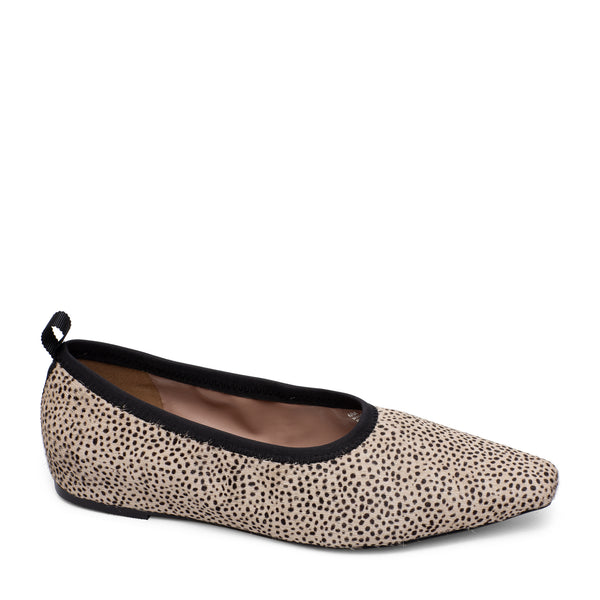 linea paolo MEGHAN II | Svelte Square Toe Hidden Sliver Wedge Ballet Flats Slip-Ons Beige/Black Dot Print Hair Calf