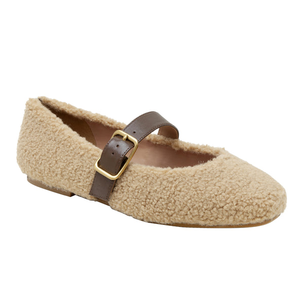 linea paolo MIKA | Faux Shearling Mary Jane Flats Taupe/Chocolate Brown Faux Shearling/Nappa