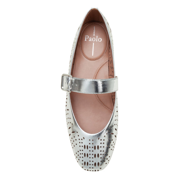 Linea Paolo MILLER | Laser Cut Leather Mary Jane Flats Silver Crackled Metallic