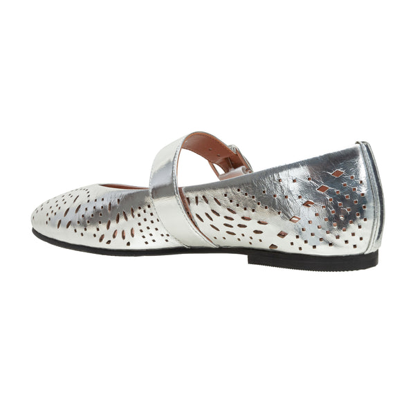 Linea Paolo MILLER | Laser Cut Leather Mary Jane Flats Silver Crackled Metallic