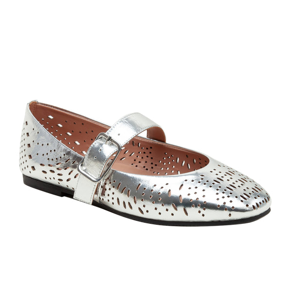 linea paolo MILLER | Laser Cut Leather Mary Jane Flats Silver Crackled Metallic
