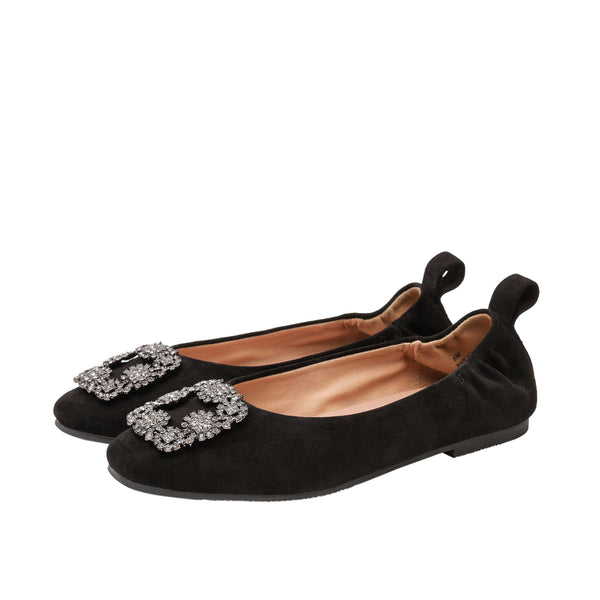 Linea Paolo MINA | Ruched Jewel Buckle Ballet Flats Black Kid Suede