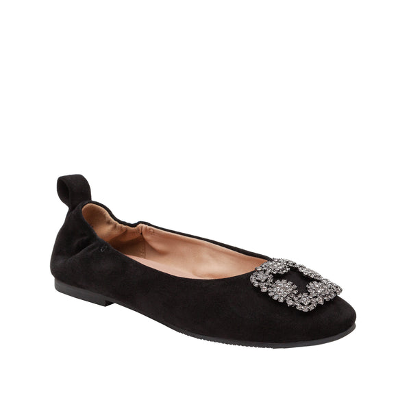 linea paolo MINA | Ruched Jewel Buckle Ballet Flats Black Kid Suede