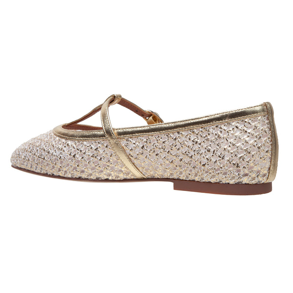 Linea Paolo MONET | Raffia And Nappa Leather T-Strap Flats Gold Raffia/Nappa