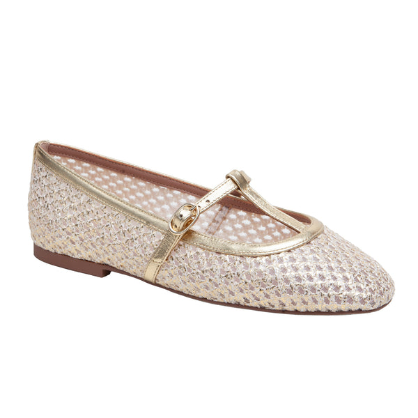 linea paolo MONET | Raffia and Nappa Leather T-Strap Flats Gold Raffia/Nappa