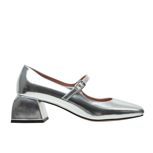 Linea Paolo MONROE STYLE STEALS | Flared Heel Mary Jane Pumps Silver Spechio Leather