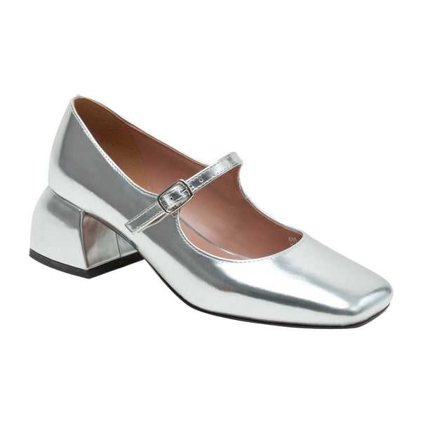 linea paolo MONROE STYLE STEALS | Flared Heel Mary Jane Pumps Silver Spechio Leather