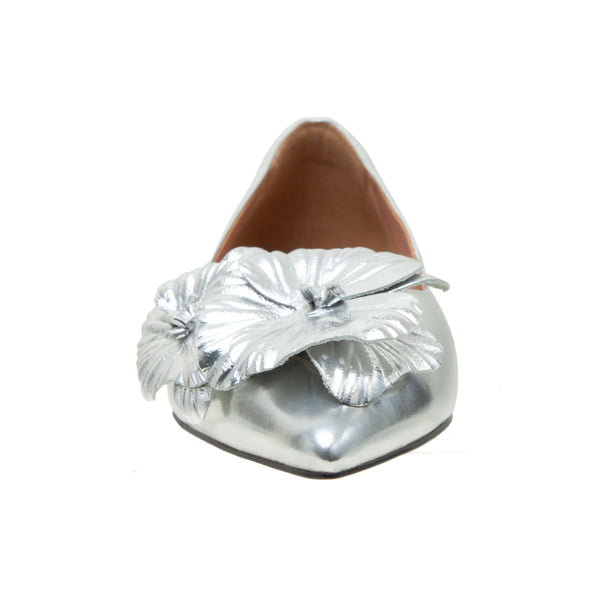Linea Paolo NERINE | Feminine Floral Leather Skimmers Silver Crackled Metallic