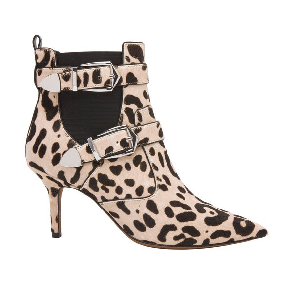 Linea Paolo NIKITA | Runway-Inspired Buckled Ankle Bootie White/Black Leopard Hair Calf