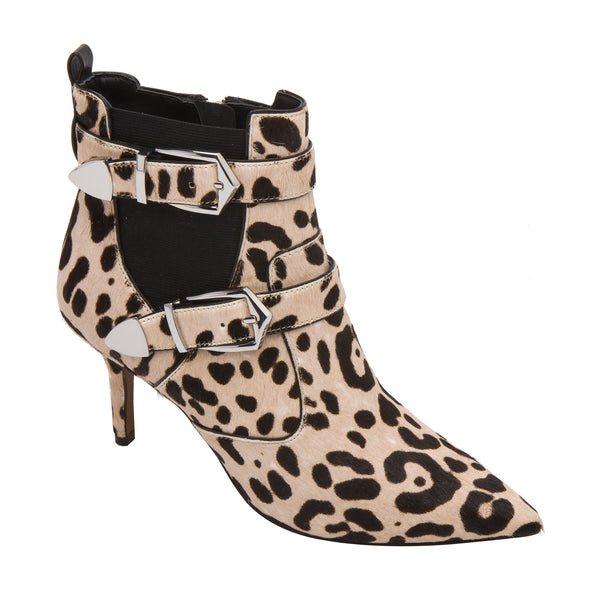 linea paolo NIKITA | Runway-Inspired Buckled Ankle Bootie White/Black Leopard Hair Calf