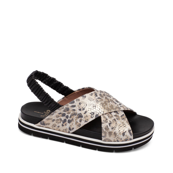 linea paolo RHEA | Cross Vamp Sport Sandal with Ruched Slingback Black/Light Gold Snake Metallic Leather