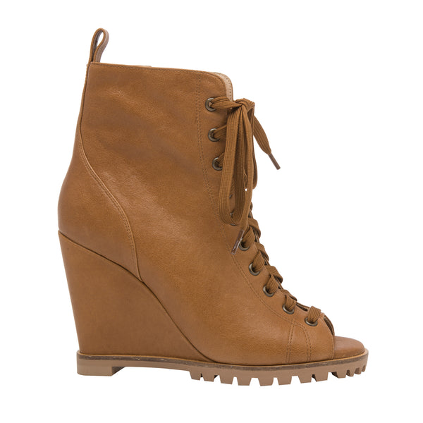 Linea Paolo SASHA | High Wedge Peep Toe Transitional Bootie Brown Oil Leather