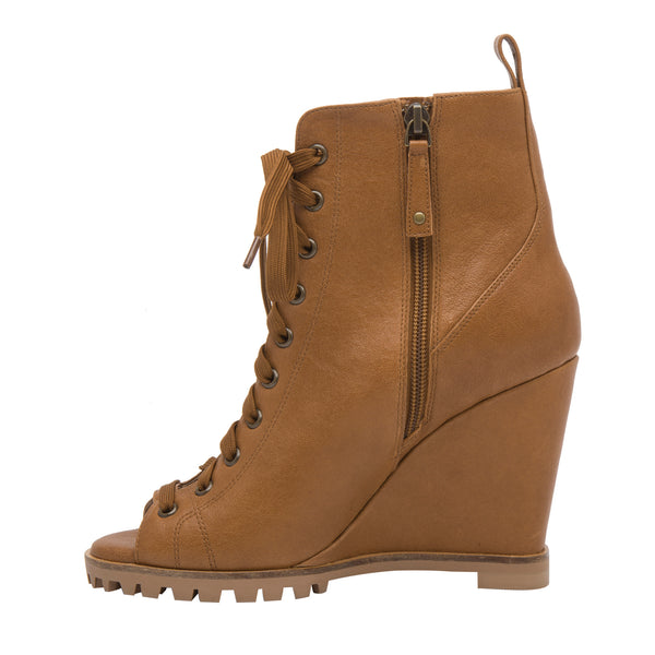 Linea Paolo SASHA | High Wedge Peep Toe Transitional Bootie Brown Oil Leather